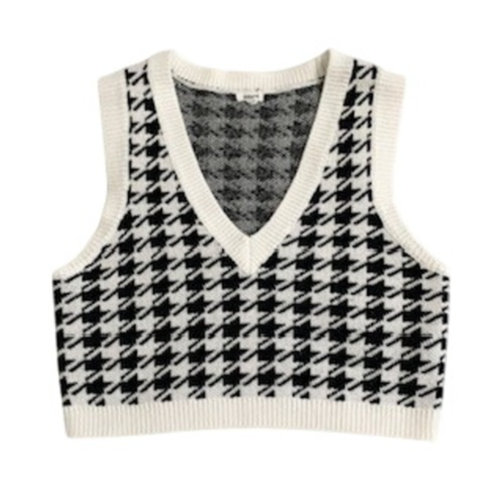Garage Houndstooth Sweater Vest Black White V-Neck Knit Crop Top Womens Small